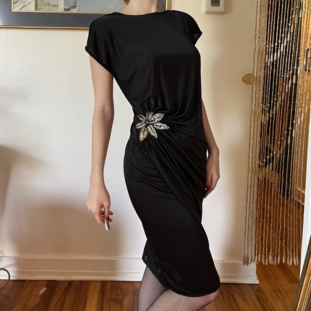 Vintage 70s Calhoun Slinky Black Dress Jewel Applique Size S Disco Retro